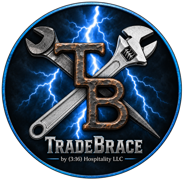 TradeBrace logo with TB, crossed wrenches, and lightning